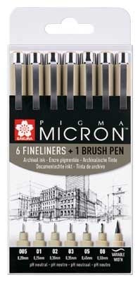 Sakura Pigma Black Micron Fineliner Set of 6 sizes and 1 Pigma Brush Main image