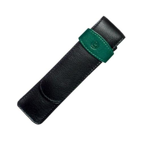 Pen Case - Black & Green Leather for 2 Pens